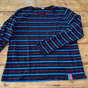 KULE long sleeve classic t-shirt, Large. Black w/ mid blue and burgundy stripe